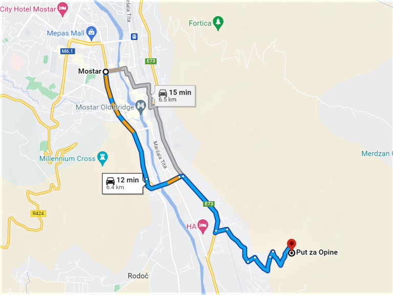 Via ferrata Opine - Mapa puta od Mostara